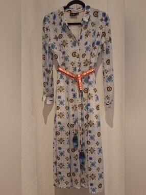 Emily Lovelock Georgette White Floral Medallion Button-Front Midi Dress